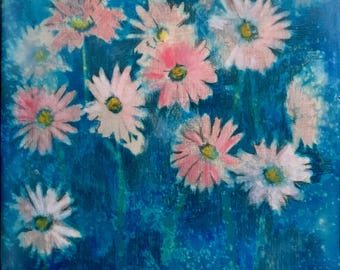 Daisies Encaustic Cyanotype Art | Original Botanical on Wood Canvas (8x8)