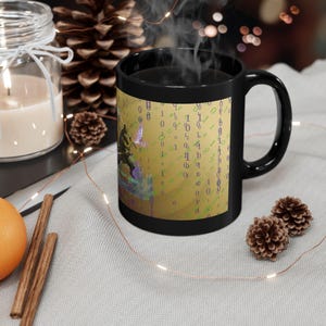 May include: A black ceramic mug featuring a graphic print of a samurai figure in a dynamic pose against a golden background filled with vertical columns of binary code in shades of purple and green, with a glossy finish and a curved handle.