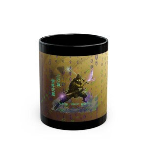 Cyberpunk Miyamoto Musashi Black Mug, Binary Code Samurai Coffee Cup, Japanese Neo Tokyo Aesthetic Gift for Gamers and Anime Fans