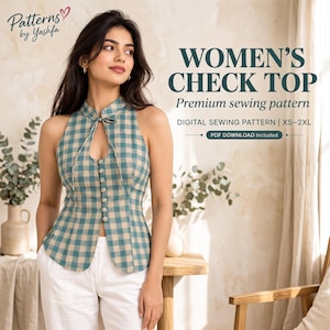 May include: A sleeveless teal and beige checkered top featuring a high mandarin collar with a front keyhole cutout, a vertical row of matching fabric buttons, and a curved hemline. Text reads: Patterns by Yashfa, WOMEN'S CHECK TOP, Premium sewing pattern, DIGITAL SEWING PATTERN | XS-2XL, PDF DOWNLOAD Included.
