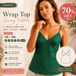 Puede incluir: Una camiseta tipo camisola de color verde oscuro con tirantes finos y escote en V. La imagen incluye texto: Wrap Top Sewing Pattern, V Neck Cami Top, Sizes XS-3XL, PDF Pattern Instant Download, A4 US Letter A0 Copy Shop, Step by Step Instructions.