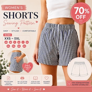 Può includere: Un cartamodello per pantaloncini con un motivo a righe verticali blu navy e bianco, vita elastica e orli con risvolto. Il modello include le taglie dalla XXS alla 5XL, con indicazioni per il download istantaneo in formato PDF.