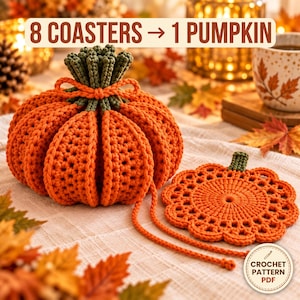 Virkmönster för pumpaunderlägg i PDF-format, 8 underlägg som kan vikas till en 3D-pumpa, höstmuggmatta och Thanksgiving-dekoration