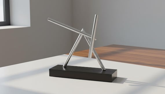 Kinetic Metal Sculpture, Modern Geometric Desk Decor, Balance Art Office Ornament, Silver Abstract Sculpture, Minimalist