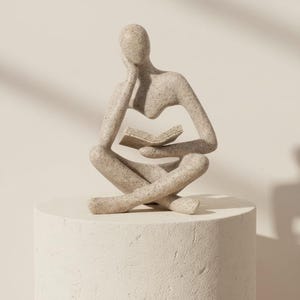 Escultura abstrata de leitor, estatueta de livro em resina, decoração moderna para mesa, estátua em tons de dourado e cinza.