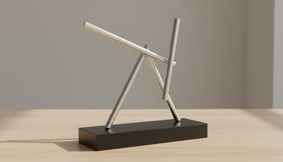 A sleek silver geometric balance sculpture that shifts and sways — minimalist kinetic desk art that doubles as a meditation object.