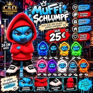 Könnte beinhalten: Eine 3D-gedruckte blaue Spielfigur mit rotem Kapuzenpullover, schwarzer Hose und weißen Sneakern mit schwarzen Details. Die Figur steht mit verschränkten Armen und grimmigem Gesichtsausdruck. Das Bild enthält Text und kleinere Versionen der Figur in Blau, Schwarz, Gelb, Grün, Pink, Lila, Weiß, Grau und Orange.