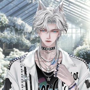 May include: An anime-style character with white hair and cat ears, wearing a white jacket with black accents, a black graphic t-shirt, and multiple layered silver necklaces. The character has blue eyes and is holding a small blue butterfly.