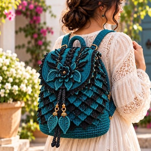 May include: A teal and black crochet backpack featuring a layered leaf-like texture, a prominent central floral motif on the flap, and two dangling leaf-shaped charms with gold-toned metal accents attached to braided drawstrings.