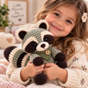 May include: A crocheted raccoon plush toy featuring sage green and dark brown yarn, black safety eyes, and a small triangular bandana around its neck with a wooden button accent. The raccoon has a striped tail and a cream-coloured muzzle.
