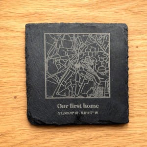 Personalised Slate Coaster, Custom Map Engraving, New Home Gift, First Home Keepsake