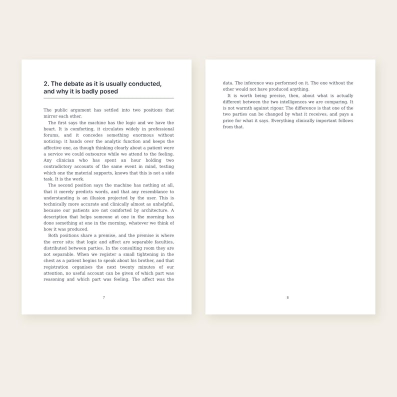 May include: Two pages of a book with black text on a white background. The left page is titled 2. The debate as it is usually conducted, and why it is badly posed, with the number 7 at the bottom. The right page ends with the number 8.