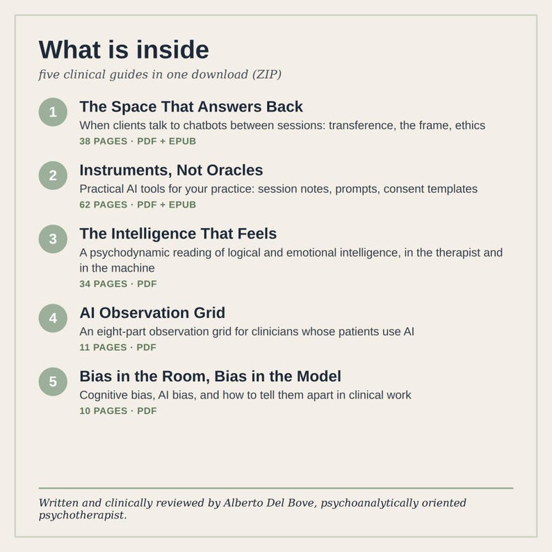 May include: A digital download list titled What is inside, featuring five clinical guides: The Space That Answers Back, Instruments, Not Oracles, The Intelligence That Feels, AI Observation Grid, and Bias in the Room, Bias in the Model.
