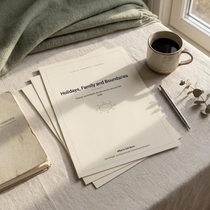 May include: A stack of cream-colored paper worksheets titled Holidays, Family and Boundaries, Twenty worksheets for the weeks around the table by Alberto Del Bove, featuring a small circular table icon, a silver pen, and a ceramic mug.