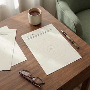 May include: A white paper worksheet titled Map 1: As It Is Now featuring concentric circles, a beige ceramic mug filled with tea, a black and gold fountain pen, and tortoise shell eyeglasses resting on a dark wooden surface.