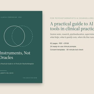 May include: A dark green book cover titled Instruments, Not Oracles: A Practical Guide to AI Tools for Psychotherapists by Alberto Del Bove. The text A practical guide to AI tools in clinical practice is displayed alongside 62 pages.