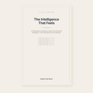 May include: A book cover with a cream background and black text. The title reads The Intelligence That Feels, with the subtitle A Psychodynamic Reading of Logical and Emotional Intelligence, in the Therapist and in the Machine. Author Alberto Del Bove is listed at the bottom, with a series of vertical lines above.