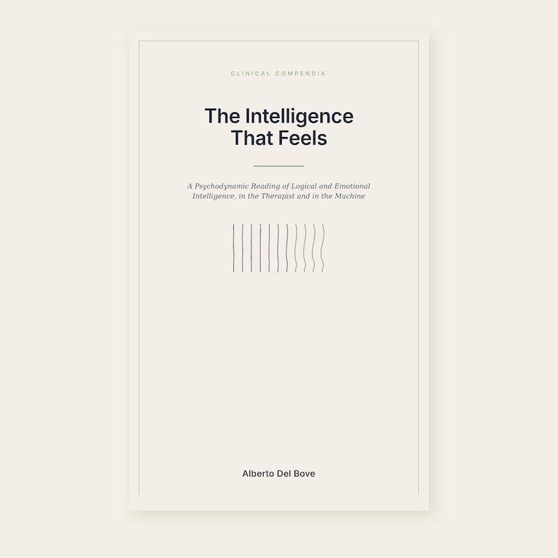 May include: A book cover with a cream background and black text. The title reads The Intelligence That Feels, with the subtitle A Psychodynamic Reading of Logical and Emotional Intelligence, in the Therapist and in the Machine. Author Alberto Del Bove is listed at the bottom, with a series of vertical lines above.