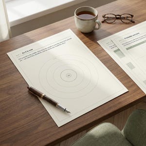 May include: A cream-colored paper sheet titled Map 1 As it is now, featuring concentric circles and instructional text. A dark brown fountain pen rests on the paper. Nearby are a ceramic mug with dark liquid, eyeglasses, and another document.