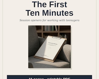 May include: A printable PDF document titled The First Ten Minutes: Session openers for working with teenagers, consisting of 11 pages. The document is secured on a wooden clipboard resting on a gray upholstered chair.