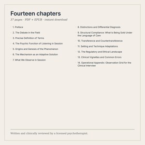 May include: A digital document titled Fourteen chapters, 37 pages, PDF + EPUB, listing 14 clinical topics including Preface, The Debate in the Field, Precise Definition of Terms, and Operational Appendix: Observation Grid for the Clinical Interview.