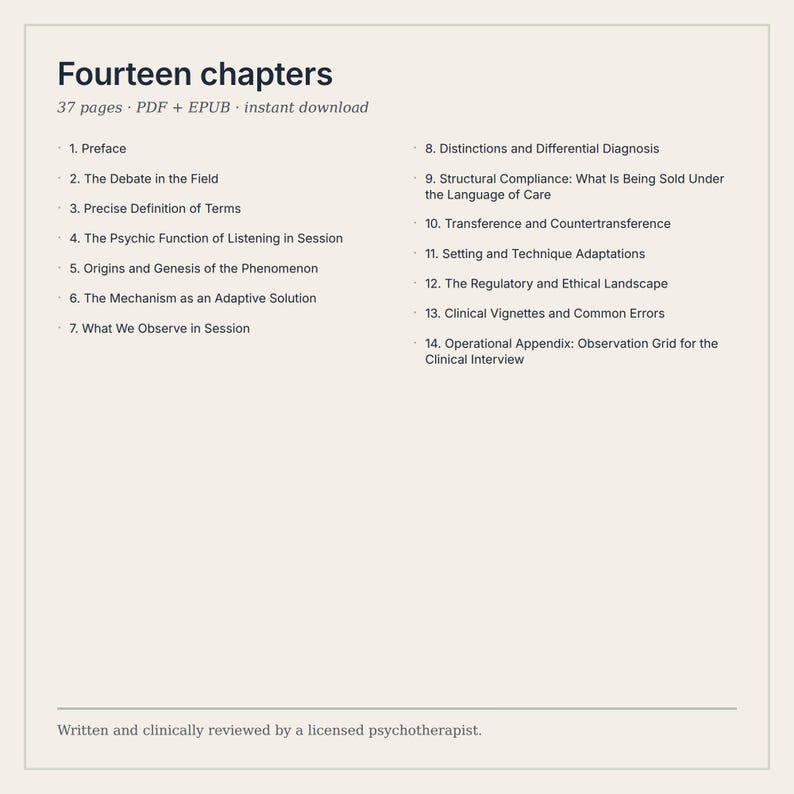 May include: A digital document titled Fourteen chapters, 37 pages, PDF + EPUB, listing 14 clinical topics including Preface, The Debate in the Field, Precise Definition of Terms, and Operational Appendix: Observation Grid for the Clinical Interview.