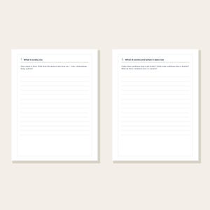 K&ouml;nnte beinhalten: Zwei wei&szlig;e Tagebuchseiten mit schwarzem Text und horizontalen Linien. Die linke Seite ist mit 1 What it costs you betitelt, die rechte mit 5 When it works and when it does not. Beide Seiten enthalten Aufforderungen und leere Zeilen zum Schreiben.