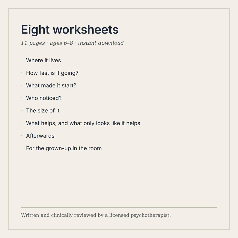 Pu&ograve; includere: Un set di otto schede didattiche intitolato Eight worksheets, composto da 11 pagine per bambini dai 6 agli 8 anni. Il testo elenca argomenti come Where it lives, How fast is it going, What made it start, Who noticed, The size of it e Afterwards.