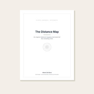 May include: A white document titled The Distance Map, an original relational mapping instrument for the consulting room. It features a central circular target graphic, Clinical Compendia Instruments text, and author Alberto Del Bove.