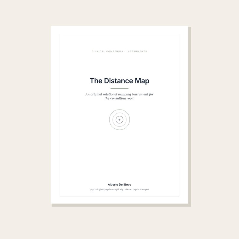 May include: A white document titled The Distance Map, an original relational mapping instrument for the consulting room. It features a central circular target graphic, Clinical Compendia Instruments text, and author Alberto Del Bove.