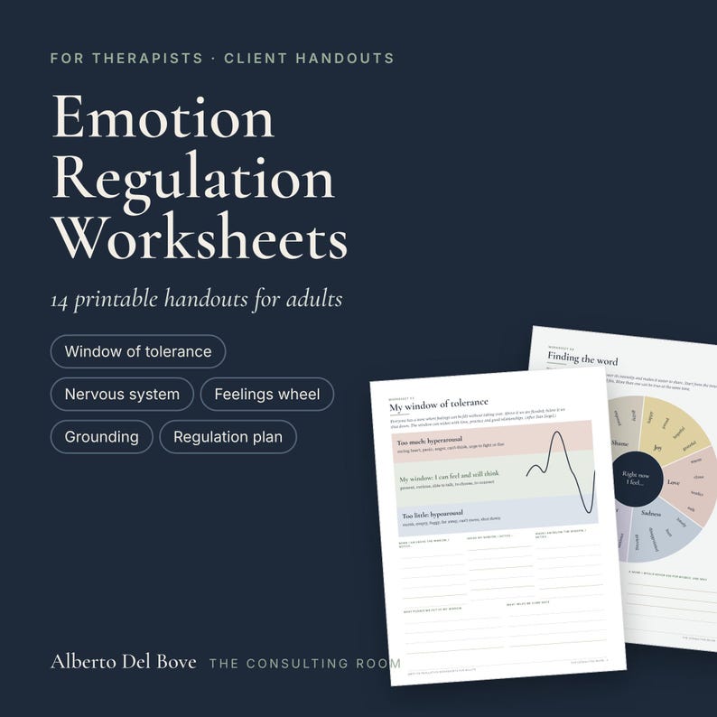 Puede incluir: Un conjunto de 14 hojas de trabajo imprimibles sobre regulaci&oacute;n emocional para adultos sobre un fondo azul oscuro. El texto dice Emotion Regulation Worksheets, Window of tolerance, Nervous system, Feelings wheel, Grounding, Regulation plan y Alberto Del Bove.