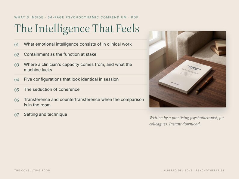 May include: A 34-page PDF psychodynamic compendium titled The Intelligence That Feels. The document lists seven clinical topics including emotional intelligence, containment, and transference, with a photo of a book and pen on a table.