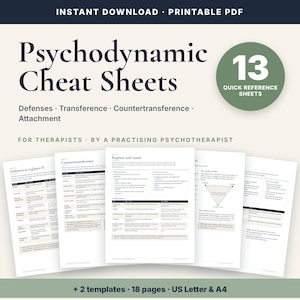 May include: A set of 13 printable psychodynamic cheat sheets in PDF format. The document features text titled Psychodynamic Cheat Sheets, Defenses, Transference, Countertransference, Attachment, Rupture and repair, and Defenses at a glance II.