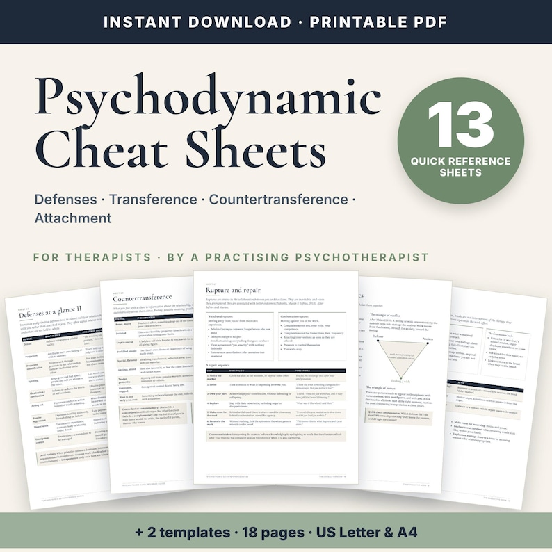 May include: A set of 13 printable psychodynamic cheat sheets in PDF format. The document features text titled Psychodynamic Cheat Sheets, Defenses, Transference, Countertransference, Attachment, Rupture and repair, and Defenses at a glance II.