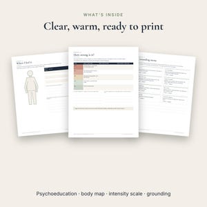 Puede incluir: Tres hojas de trabajo imprimibles con el texto What's Inside, Clear, warm, ready to print. Las p&aacute;ginas incluyen un mapa corporal titulado Where I feel it, una escala de intensidad How strong is it y un men&uacute; Grounding.