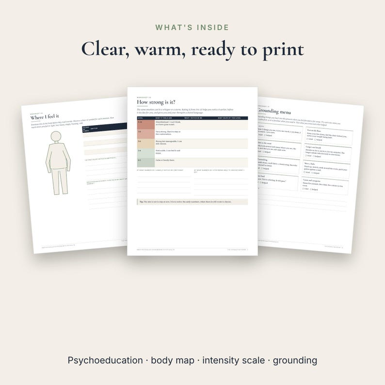 Puede incluir: Tres hojas de trabajo imprimibles con el texto What's Inside, Clear, warm, ready to print. Las p&aacute;ginas incluyen un mapa corporal titulado Where I feel it, una escala de intensidad How strong is it y un men&uacute; Grounding.