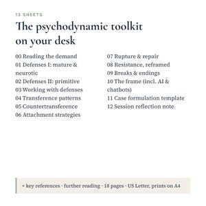 May include: A 13-sheet psychodynamic toolkit document titled The psychodynamic toolkit on your desk. It lists 13 numbered sections from 00 Reading the demand to 12 Session reflection note, plus key references and further reading on US Letter paper.
