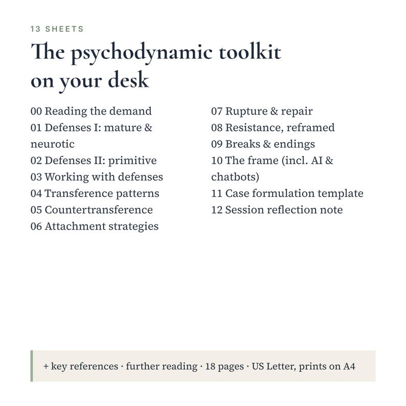 May include: A 13-sheet psychodynamic toolkit document titled The psychodynamic toolkit on your desk. It lists 13 numbered sections from 00 Reading the demand to 12 Session reflection note, plus key references and further reading on US Letter paper.