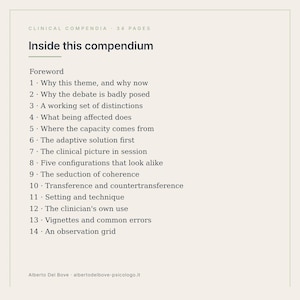 May include: A document titled Clinical Compendia 34 pages, Inside this compendium, listing a foreword and 14 chapters including Why this theme, The adaptive solution first, Transference and countertransference, and An observation grid.