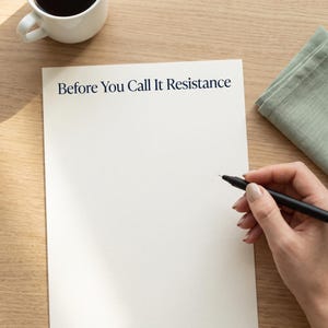 May include: A white sheet of paper with the dark blue printed text Before You Call It Resistance at the top. A black pen is positioned on the paper, with a white coffee mug and a folded sage green cloth visible nearby on the wooden surface.