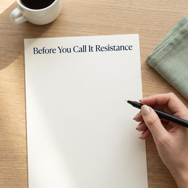 May include: A white sheet of paper with the dark blue printed text Before You Call It Resistance at the top. A black pen is positioned on the paper, with a white coffee mug and a folded sage green cloth visible nearby on the wooden surface.