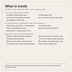 Puede incluir: Un documento digital titulado What is inside, que enumera 18 t&iacute;tulos en una descarga ZIP con una gu&iacute;a de lectura. Las secciones incluyen AI in the Consulting Room, Psychodynamic Compendia and Instruments y Session Tools and Worksheets.