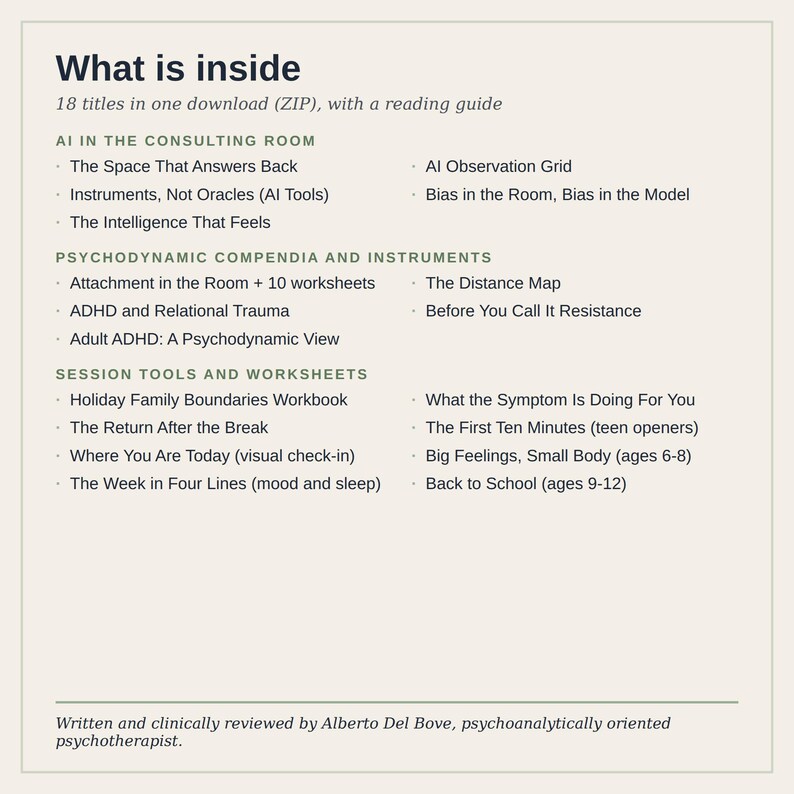 Puede incluir: Un documento digital titulado What is inside, que enumera 18 t&iacute;tulos en una descarga ZIP con una gu&iacute;a de lectura. Las secciones incluyen AI in the Consulting Room, Psychodynamic Compendia and Instruments y Session Tools and Worksheets.