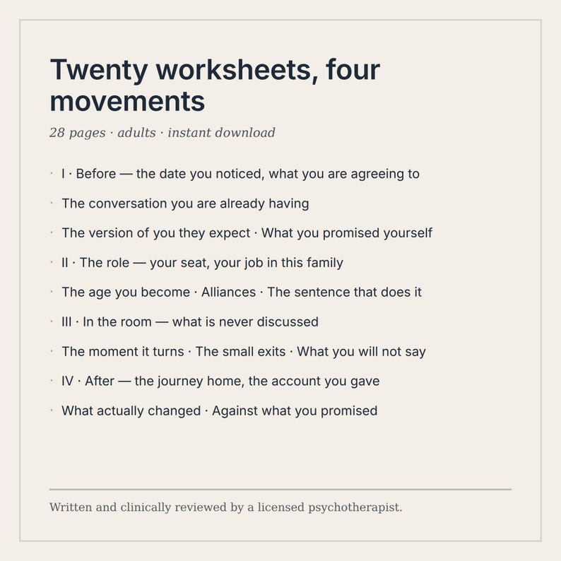 May include: A digital document titled Twenty worksheets, four movements, containing 28 pages for adults. The text outlines four sections: Before, The role, In the room, and After, with sub-topics like The conversation, Alliances, and The small exits.