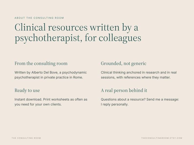 May include: A beige informational graphic titled Clinical resources written by a psychotherapist, for colleagues. It lists features including From the consulting room, Grounded, not generic, Ready to use, and A real person behind it.
