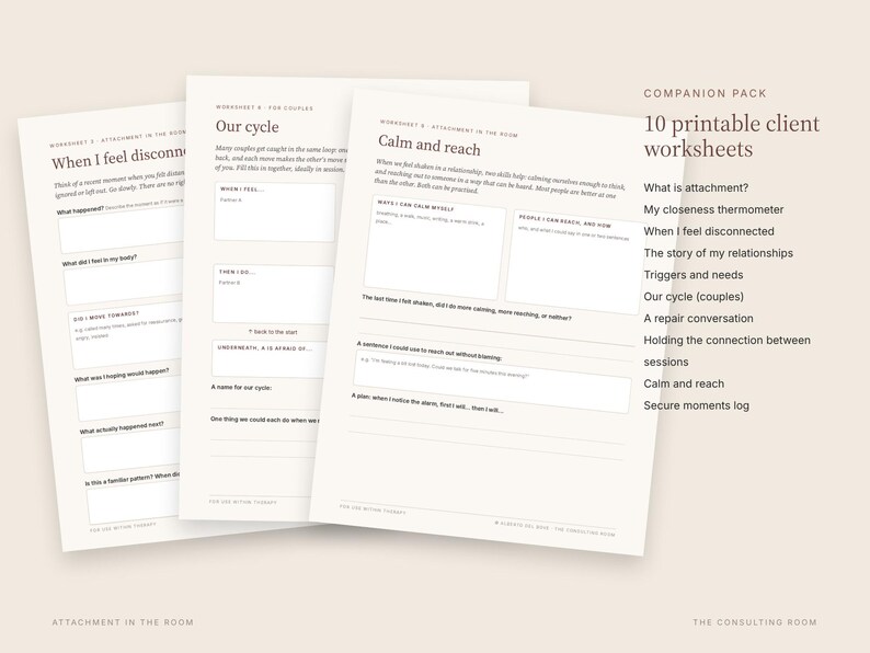 May include: A set of 10 printable client worksheets for couples, featuring titles like When I feel disconnected, Our cycle, and Calm and reach. The off-white pages contain structured prompts, blank fields for writing, and dark text on a light background.
