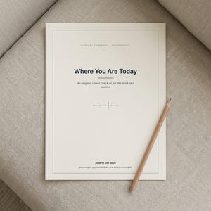 May include: A rectangular off-white paper document titled Where You Are Today, featuring the subtitle An original visual check-in for the start of a session, a central crosshair graphic, and a wooden pencil resting on the right side.