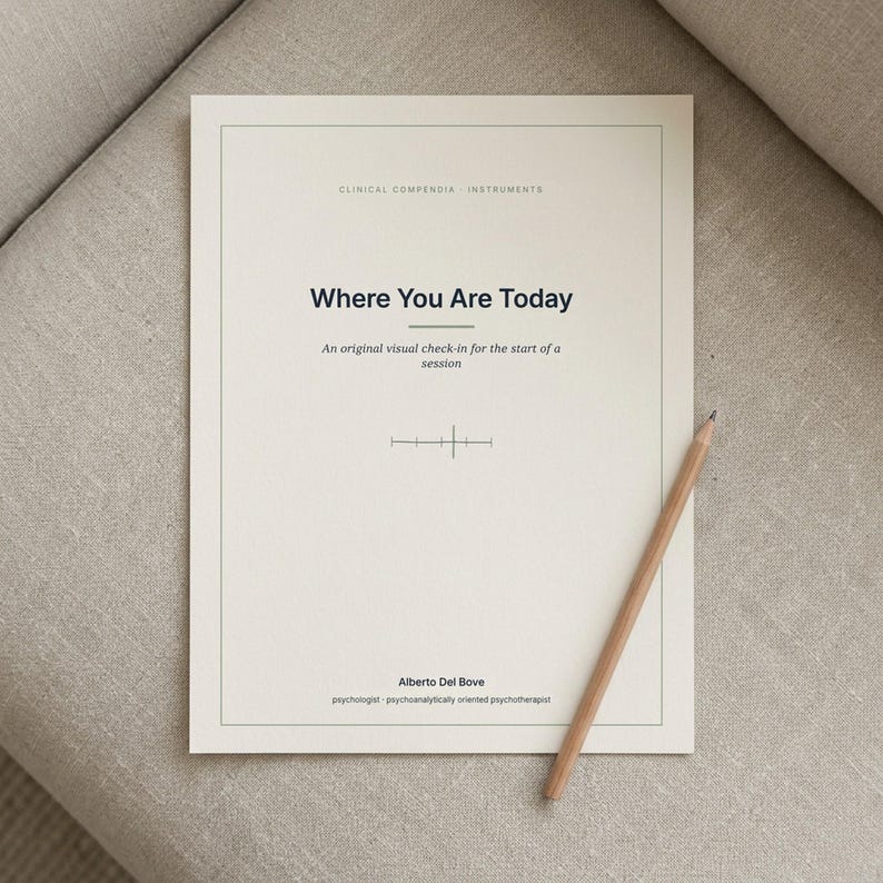 May include: A rectangular off-white paper document titled Where You Are Today, featuring the subtitle An original visual check-in for the start of a session, a central crosshair graphic, and a wooden pencil resting on the right side.