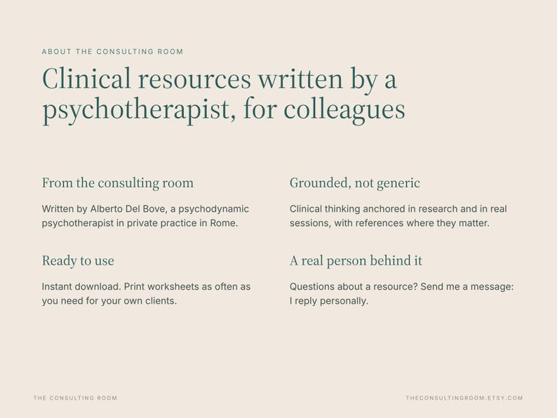 May include: A beige informational graphic titled Clinical resources written by a psychotherapist, for colleagues. It lists features including From the consulting room, Grounded, not generic, Ready to use, and A real person behind it.