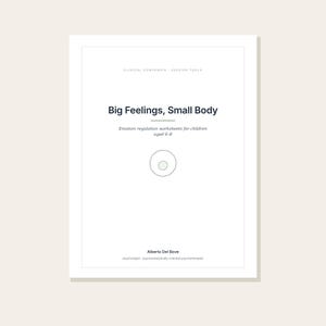 Pu&ograve; includere: Un documento bianco intitolato Big Feelings, Small Body, con il sottotitolo Emotion regulation worksheets for children aged 6-8, un grafico circolare centrale e il nome dell'autore Alberto Del Bove con le sue credenziali professionali.